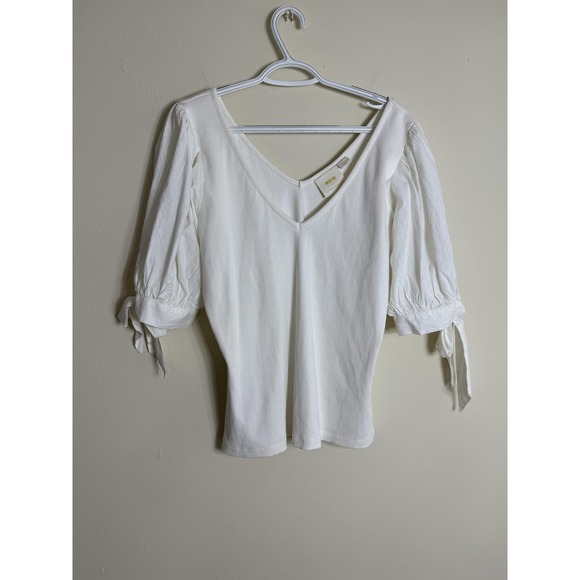 Maeve Tops - Maeve Anthropologie Shirt Womens Large White Puff Sleeve Tie‎ Cuff V Neck Top